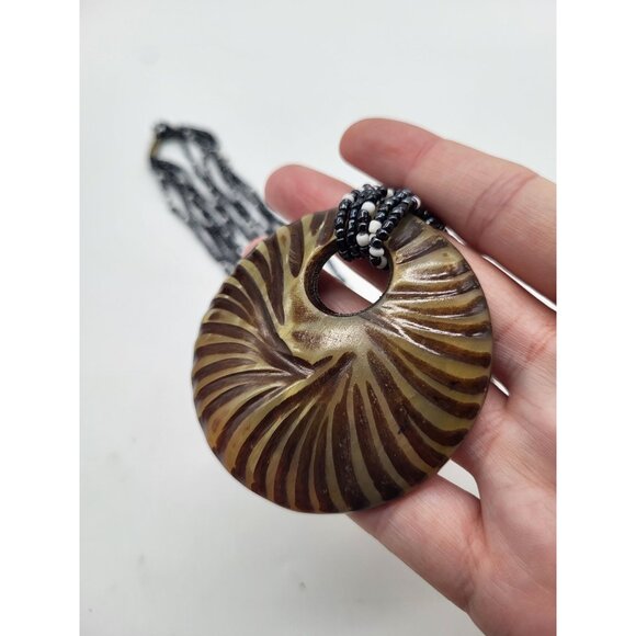 Boho Multi Strand Seed Bead Necklace w/Circle Disc Wood Pendant - Picture 10 of 10